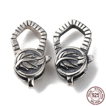 925 Thailand Sterling Silver Lobster Claw Clasps, Leaf, with 925 Stamp, Antique Silver, 17.5~18.5x9.5x6mm, Hole: 1.5mm