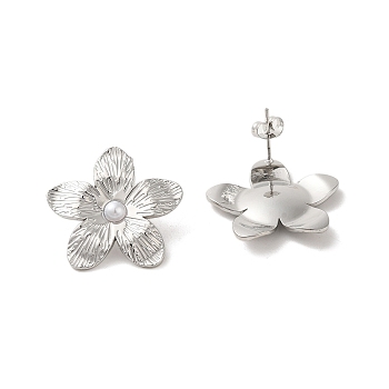 304 Stainlee Steel with Plastic Pearl Studs Earring, Flower, Stainless Steel Color, 24x25mm