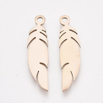 201 Stainless Steel Pendants, Feather, Rose Gold, 25x6x1mm, Hole: 1.6mm