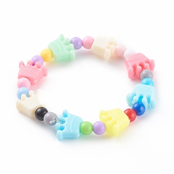 Acrylic Kids Bracelets, Stretch Beaded Bracelets, with Crown Plastic Beads, Colorful, Inner Diameter: 1-3/4 inch(4.3cm)
