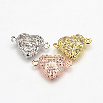 CZ Brass Micro Pave Grade AAA Cubic Zirconia Heart Links, Cadmium Free & Nickel Free & Lead Free, Mixed Color, 11x16x5mm, Hole: 1mm