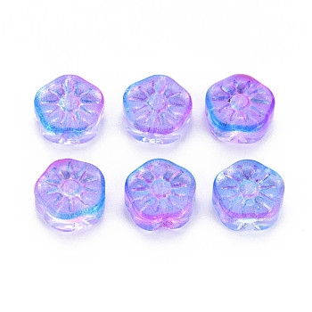 Two Tone Transparent Spray Painted Glass Beads, Plum Blossom Flower, Dark Orchid, 10x10.5x4mm, Hole: 1.2mm