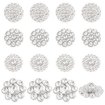 24Pcs 4 Styles 1-Hole Alloy Rhinestone Shank Buttons, Flat Round, Mixed Color, 15~15.5x8~9mm, Hole: 2mm, 6pcs/style