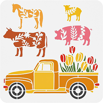 PET Hollow Out Drawing Painting Stencils, for DIY Scrapbook, Photo Album, Farm Animal, Truck Pattern, 300x300mm