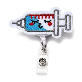 Injection Syringe Shape Felt & ABS Plastic Badge Reel, Retractable Badge Holder, with Iron Alligator Clip, Platinum, White, 85mm, Injection Syringe Shape: 48x78x24mm