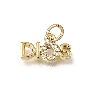 Brass Micro Pave Clear Cubic Zirconia Pendants, Word DIOS Charms, Lead Free & Cadmium Free, Real 18K Gold Plated, 7.5x13.5x2mm, Hole: 3mm