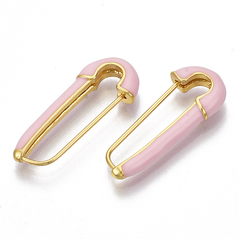 Brass Enamel Safety Pins Earrings, Real 18K Gold Plated, Nickel Free, Pearl Pink, 28x12x4mm, Pin: 1mm