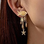 Ocean Theme 304 Stainless Steel Porcelain Shell Shape Dangle Stud Earrings, with Imitation Pearl & Enamel, Golden, 42x16mm(FS-WGD34F1-06)