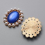 Cat Eye Cabochons, with Alloy Finding and Plstic Imitation Pearl Beads, Oval, Royal Blue, 27.5x23x5mm(FIND-WH0111-292D)