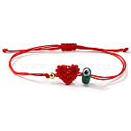 Lampwork Bead Braided Bead Bracelets, Polyester Cord Braided Bracelets for Women, Evil Eye & Heart, with Brass, Green, 11.02 inch(28cm)(JB7932-2)