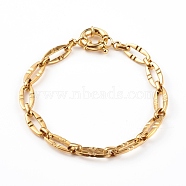 304 Stainless Steel Oval Link Chain Bracelets, with Brass Spring Ring Clasps, Textured, Real 18K Gold Plated, 7-1/2 inch(19.1cm)(X-BJEW-JB06101-01)