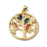 Rack Plating Brass Micro Pave Cubic Zirconia Pendants, Long-Lasting Plated, Lead Free & Cadmium Free, Round Ring with Tree of Life Charm, Real 18K Gold Plated, 28x25x3mm, Hole: 5x3.5mm(KK-F853-08G)