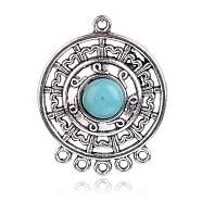 Antique Silver Plated Alloy Gemstones Links, Flat Round, Sky Blue, 39x30x7mm, Hole: 2mm(PALLOY-O062-01B)