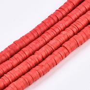 Flat Round Handmade Polymer Clay Beads, Disc Heishi Beads for Hawaiian Earring Bracelet Necklace Jewelry Making, Red, 6x1mm, Hole: 2mm, about 353~378pcs/strand, 17.7 inch(CLAY-R067-6.0mm-30)