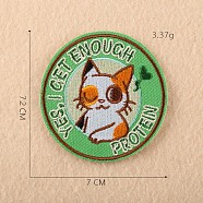 Computerized Embroidery Cloth Iron on/Sew on Patches, Costume Accessories, Appliques, Oval with Cat Word Yes, I get enough protein, Green, 7.2x7cm(DIY-F030-05C)