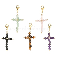 Cross Natural Gemstone Pendant Decoraiton, 304 Stainless Steel Lobster Claw Clasps Charms, 50~51mm(HJEW-JM00988)