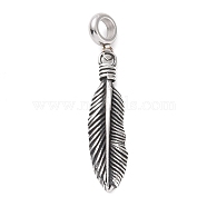 304 Stainless Steel Manual Polishing European Dangle Charms, Large Hole Pendants, Feather, Antique Silver, 50mm, Feather: 38.5x9.5x3mm, Hole: 5mm(STAS-G276-12AS)