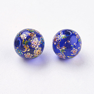 Flower Picture Printed Glass Beads, Round, Royal Blue, 8x9mm, Hole: 1mm(GLAA-E399-8mm-C03)