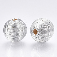 Wood Beads Covered with Polyester Cord Wire, Round, Silver, 14~15x13~14mm, Hole: 2~3mm(WOVE-S117-14mm-06)