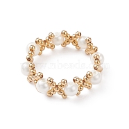 Shell Pearl & Brass Braided Bead Cross Finger Ring for Women, Golden, US Size 9 1/4(19.1mm)(RJEW-TA00053)