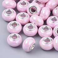 Opaque Resin European Beads, Large Hole Beads, Imitation Porcelain, with Platinum Tone Brass Double Cores, AB Color, Rondelle, Pearl Pink, 14x9mm, Hole: 5mm(RPDL-T038-007N)