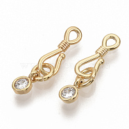 Brass Micro Pave Clear Cubic Zirconia Hook and S-Hook Clasps, with Jump Rings, Nickel Free, Real 18K Gold Plated, Hook: 13.5x4.5x1.5mm, Hole: 1.2mm, 2.5mm Inner Diameter, Charms: 6.5x4x2mm, Hole: 1mm, Jump Ring: 5x0.8mm.(KK-T051-26G-NF)