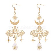 Alloy Moth with Flower Specimen Drop Dangle Earrings, Moon Sun Star Long Drop Earrings for Women, Golden, 111x45mm, Pin: 0.8mm(JE979A)