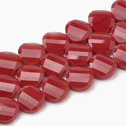 Opaque Solid Color Glass Beads Strands, Faceted, Flat Round, Twisted, Red, 14x6.5mm, Hole: 1mm, about 25pcs/strand, 113.77 inch(35cm)(GLAA-N032-06I)