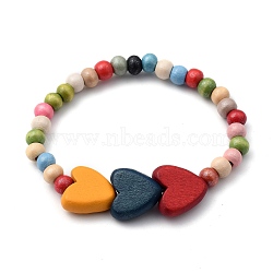 Kids Bracelets, Natural Wood Beaded Stretch Bracelets, Heart, Colorful, Inner Diameter: 2 inch(5.1cm)(BJEW-JB05465-02)
