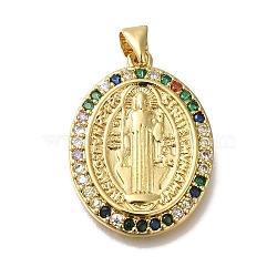 Rack Plating Brass Micro Pave Clear Cubic Zirconia Pendants, Long-Lasting Plated, Cadmium Free & Lead Free, Virgin Mary Charms, Real 18K Gold Plated, Oval, 24.5x18.5x2.5mm, Hole: 3x4mm(KK-G500-02C-G)