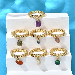 Brass Curb Chain Cuff Rings for Women, with Natural Gemstone Chips Charms, Cadmium Free & Lead Free, Long-Lasting Plated, Rack Plating, Real 18K Gold Plated, 7x4mm, Adjustable(RJEW-Z085-04G)