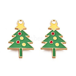 Christmas Theme, Alloy Enamel Pendants, Light Gold, Christmas Tree, Green, 25x15.5x1.5mm, Hole: 2mm(X-ENAM-S119-007)