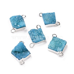 Natural Druzy Quartz Links connectors, with Brass Findings, Square, Silver, Aqua, 16~18x13~14x6~8mm, Hole: 2mm(G-P396-09S-07)