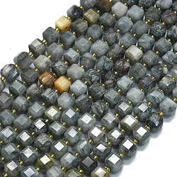 Natural Eagle Eye Stone Beads Strands, with Seed Beads, Faceted Table Cut Cube, 8x8x8mm, Hole: 0.6mm, about 38pcs/strand, 15.35''(39cm)(G-K389-A02-01)