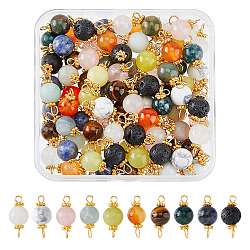 100Pcs 10 Styles Natural Mixed Gemstone Round Link Connector Charms, with Golden Plated 304 Stainless Steel Double Loops, 19x8mm, Hole: 2~2.6mm, 10pcs/style(PALLOY-FH00004)