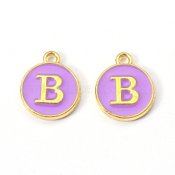 Golden Plated Alloy Enamel Charms, Enamelled Sequins, Flat Round with Letter, Medium Purple, Letter.B, 14x12x2mm, Hole: 1.5mm(ENAM-S118-10B)