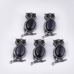 Synthetic Blue Goldstone Brooches/Pendants, with Rhinestone and Alloy Findings, Owl, Antique Silver, 51x28~29x15~16.5mm, Hole: 4.5x8.5mm, Pin: 0.5mm(G-S353-05L)