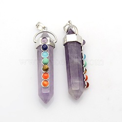 Yoga Chakra Jewelry Platinum Plated Brass Gemstone Double Terminated Pointed Big Pendants, Amethyst, 58x17x16mm, Hole: 7x6mm(G-P053-19F)
