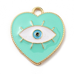 Alloy Enamel Pendants, Golden, Heart with Evil Eyes Charm, Aquamarine, 26x24x2.5mm, Hole: 3mm(ENAM-D061-01G-03)