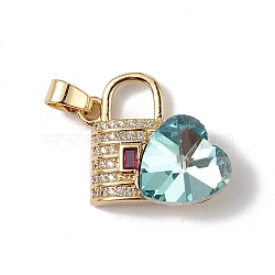 Real 18K Gold Plated Rack Plating Brass Micro Pave Clear Cubic Zirconia Pendants, with Glass, Long-Lasting Plated, Cadmium Free & Lead Free, Lock with Heart Charm, Pale Turquoise, 23x19x8mm, Hole: 5x3.2mm(KK-C015-17G-07)