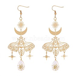 Alloy Moth with Flower Specimen Drop Dangle Earrings, Moon Sun Star Long Drop Earrings for Women, Golden, 111x45mm, Pin: 0.8mm(JE979A)