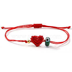 Lampwork Bead Braided Bead Bracelets, Polyester Cord Braided Bracelets for Women, Evil Eye & Heart, with Brass, Green, 11.02 inch(28cm)(JB7932-2)