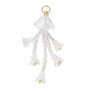 Glass Seed Beaded Pendants, Jellyfish Beaded Charms, with Glass, White, 37~40x12mm, jump Ring: 5x0.7mm, Inner Diameter: 3mm