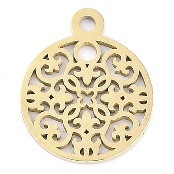 304 Stainless Steel Charms, Hollow Flat Round with Flower Charm, Real 14K Gold Plated, 14.5x12x1mm, Hole: 1.4mm