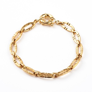 304 Stainless Steel Oval Link Chain Bracelets, with Brass Spring Ring Clasps, Textured, Real 18K Gold Plated, 7-1/2 inch(19.1cm)