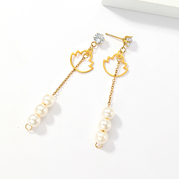Golden 304 Stainless Steel Dangle Stud Earrings, Tassel Earrings with Imitation Pearl, Flower, 68x15mm