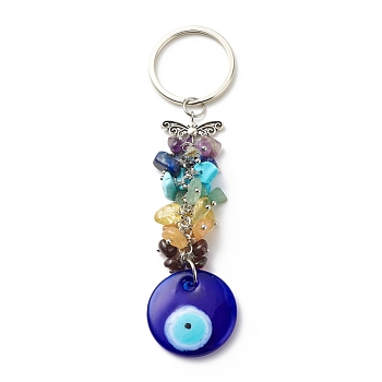 Natural & Synthetic Gemstone Beaded Keychain, Evil Eye Pendants Keychain, with Key Rings for Bag Accessory Ornament, Medium Blue, 12.45cm