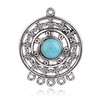 Antique Silver Plated Alloy Gemstones Links, Flat Round, Sky Blue, 39x30x7mm, Hole: 2mm