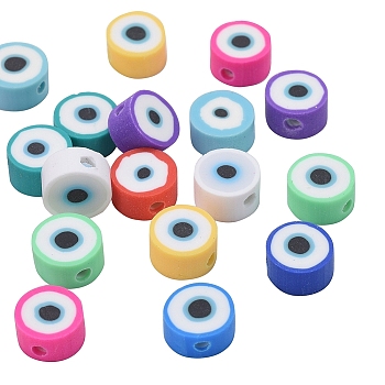 Handmade Polymer Clay Beads, Flat Round with Evil Eye, Mixed Color, 10x5mm, Hole: 1.8mm, 100pcs/Box