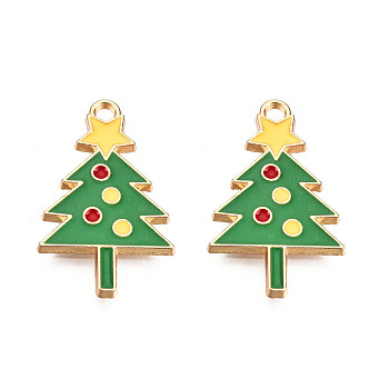 Christmas Theme, Alloy Enamel Pendants, Light Gold, Christmas Tree, Green, 25x15.5x1.5mm, Hole: 2mm